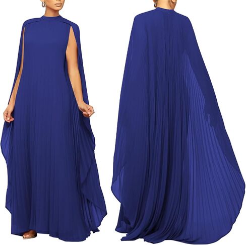 Seltaon Women's Chiffon Pleated Flowy Maxi Dresses Cape Sleeve Pleated Cocktail Evening Party Dress in Saudi Arabia