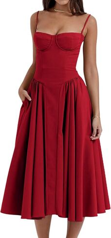 SHINFY Womens Summer Corset Midi Dress Spaghetti Strap Bustier A-Line Flowy Sundress Formal Cocktail Vacation Dress in Saudi Arabia