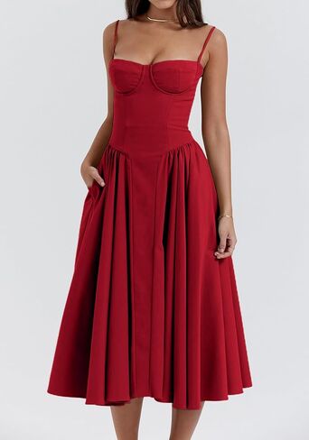 SHINFY Womens Summer Corset Midi Dress Spaghetti Strap Bustier A-Line Flowy Sundress Formal Cocktail Vacation Dress in Saudi Arabia
