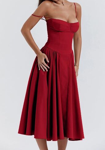 SHINFY Womens Summer Corset Midi Dress Spaghetti Strap Bustier A-Line Flowy Sundress Formal Cocktail Vacation Dress in Saudi Arabia