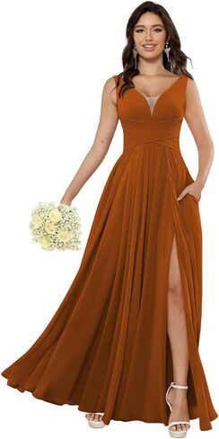Miao Duo Women's Simple Chiffon Bridesmaid Dresses with Pockets Long V Neck Formal Dresses with Slit YZTS138 in Saudi Arabia