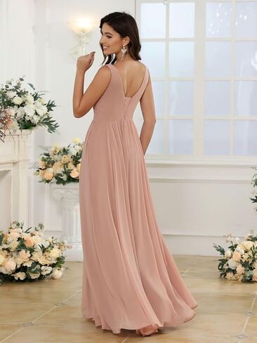 Miao Duo Women's Simple Chiffon Bridesmaid Dresses with Pockets Long V Neck Formal Dresses with Slit YZTS138 in Saudi Arabia