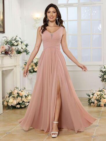 Miao Duo Women's Simple Chiffon Bridesmaid Dresses with Pockets Long V Neck Formal Dresses with Slit YZTS138 in Saudi Arabia