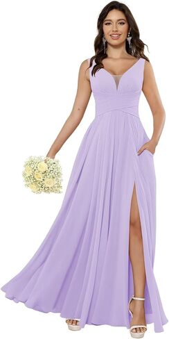 Miao Duo Women's Simple Chiffon Bridesmaid Dresses with Pockets Long V Neck Formal Dresses with Slit YZTS138 in Saudi Arabia