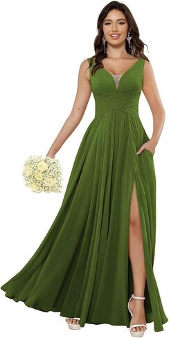 Miao Duo Women's Simple Chiffon Bridesmaid Dresses with Pockets Long V Neck Formal Dresses with Slit YZTS138 in Saudi Arabia