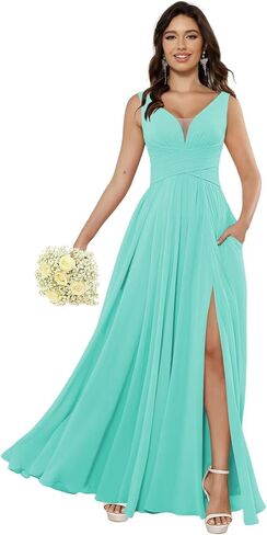Miao Duo Women's Simple Chiffon Bridesmaid Dresses with Pockets Long V Neck Formal Dresses with Slit YZTS138 in Saudi Arabia