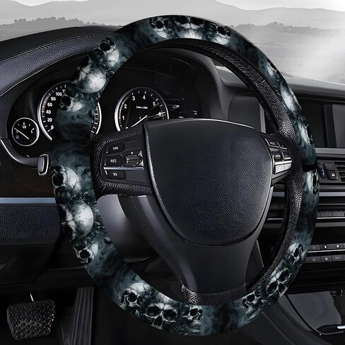 Steering Wheel Covers for Car, Truck, and SUV, Cute Non-Slip Breathable Elastic Steering Wheel, Car Accessories, Universal 15 Inch Leather Cover for Men Women Vantage Skull in Kuwait