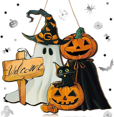 Barydat Halloween Welcome Door Sign Skeleton Pumpkin Front Door Wreath Decor Rustic Hanging Wooden Wreath Car Outdoor Signs for Halloween Party Supplies (Witch) in Saudi Arabia