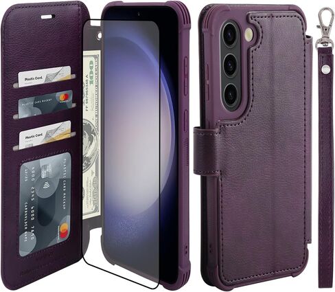 VANAVAGY Compatible for Galaxy S23 Wallet Case for Women Men, RFID Flip PU Leather Phone Cover with Wrist Supports Wireless Charging with Card Holder Glass Screen Protector, Blue in Saudi Arabia