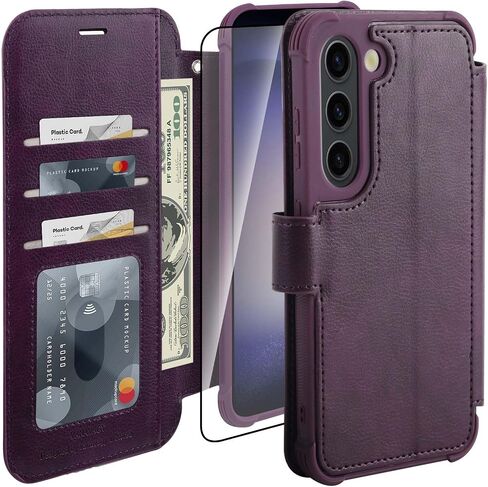 VANAVAGY Compatible for Galaxy S23 Wallet Case for Women Men, RFID Flip PU Leather Phone Cover with Wrist Supports Wireless Charging with Card Holder Glass Screen Protector, Blue in Saudi Arabia