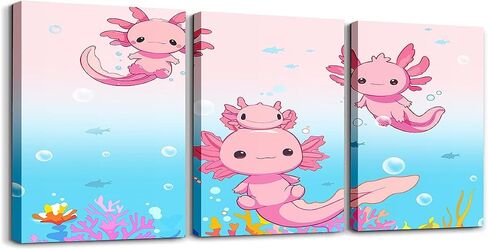Feelyou Boys Girls Cute Axolotl Canvas Wall Art for Living Room Bedroom Ocean Sealife Wall Painting Posters and Prints Kids Kawaii Animal Picture Wall Decor Cartoon Bathroom Wall Art 12"x16"x 3Pcs in Kuwait