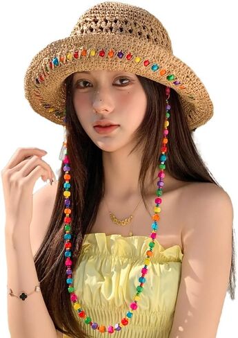 Floppy Straw Sun Hat for Women Foldable Crochet Straw Cap Hollow Outdoor Summer Beach Hat with Multicolored Wooden Bead in Kuwait