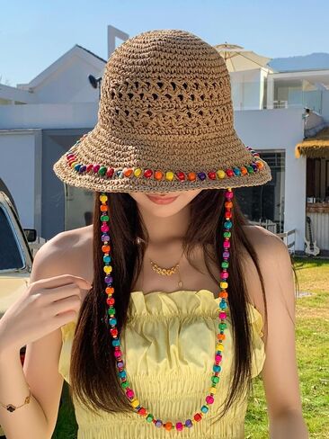 Floppy Straw Sun Hat for Women Foldable Crochet Straw Cap Hollow Outdoor Summer Beach Hat with Multicolored Wooden Bead in Kuwait