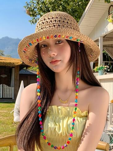 Floppy Straw Sun Hat for Women Foldable Crochet Straw Cap Hollow Outdoor Summer Beach Hat with Multicolored Wooden Bead in Kuwait