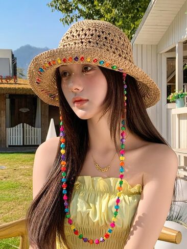 Floppy Straw Sun Hat for Women Foldable Crochet Straw Cap Hollow Outdoor Summer Beach Hat with Multicolored Wooden Bead in Kuwait