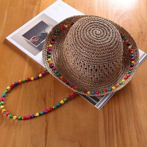 Floppy Straw Sun Hat for Women Foldable Crochet Straw Cap Hollow Outdoor Summer Beach Hat with Multicolored Wooden Bead in Kuwait