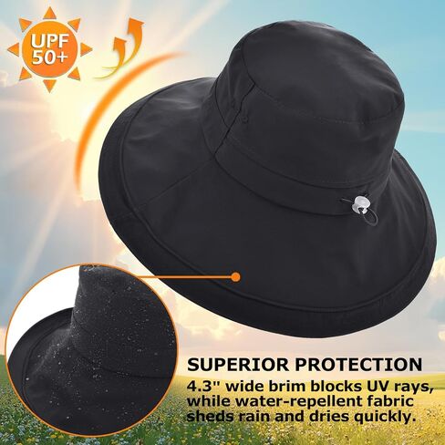 Women's UPF 50+ Waterproof Wide Brim Sun Bucket Hat with Ponytail Hole | Adjustable Fit & Shapable Brim, Packable & Lightweight for Beach Hiking Fishing Gardening in Kuwait