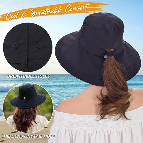 Women's UPF 50+ Waterproof Wide Brim Sun Bucket Hat with Ponytail Hole | Adjustable Fit & Shapable Brim, Packable & Lightweight for Beach Hiking Fishing Gardening in Kuwait
