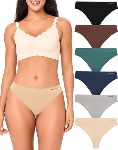 BAMBOO COOL Women's Thongs Seamless Moisture-Wicking Breathable Underwear High Stretchy Mid Waisted Panties Tagless 6 Pack in Kuwait