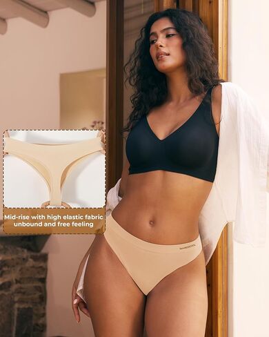 BAMBOO COOL Women's Thongs Seamless Moisture-Wicking Breathable Underwear High Stretchy Mid Waisted Panties Tagless 6 Pack in Kuwait