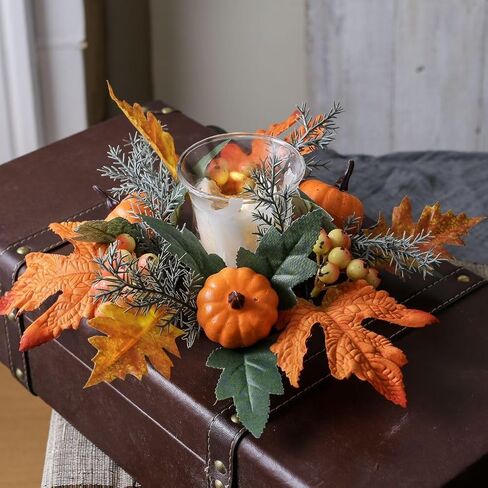 Set of 4 Fall Pumpkin and Pip Berry Candle Rings Wreaths 3 Inch Center Autumn Maple Leaves Small Wreaths for Pillar Candles Harvest Tabletop Decor (Orange) in Saudi Arabia