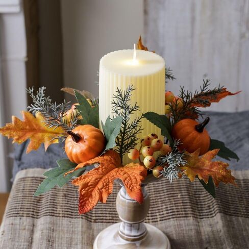 Set of 4 Fall Pumpkin and Pip Berry Candle Rings Wreaths 3 Inch Center Autumn Maple Leaves Small Wreaths for Pillar Candles Harvest Tabletop Decor (Orange) in Saudi Arabia