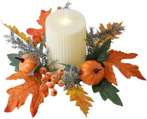 Set of 4 Fall Pumpkin and Pip Berry Candle Rings Wreaths 3 Inch Center Autumn Maple Leaves Small Wreaths for Pillar Candles Harvest Tabletop Decor (Orange) in Saudi Arabia