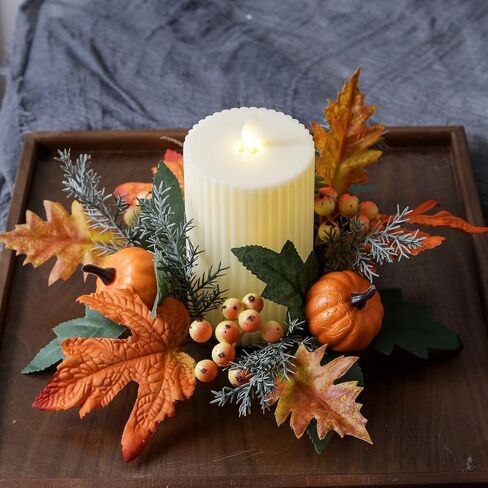 Set of 4 Fall Pumpkin and Pip Berry Candle Rings Wreaths 3 Inch Center Autumn Maple Leaves Small Wreaths for Pillar Candles Harvest Tabletop Decor (Orange) in Saudi Arabia