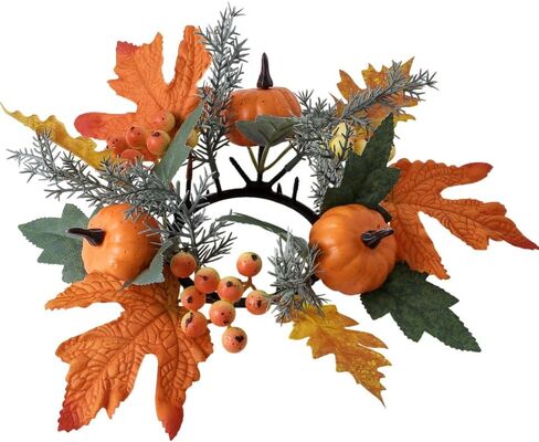 Set of 4 Fall Pumpkin and Pip Berry Candle Rings Wreaths 3 Inch Center Autumn Maple Leaves Small Wreaths for Pillar Candles Harvest Tabletop Decor (Orange) in Saudi Arabia