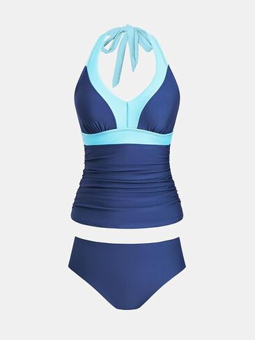 CUPSHE Women's Tankini Sets Halter Neck Self Tie Two Piece Swimsuit Adjustable Strappy Color Block Ruched Swimwear in Saudi Arabia