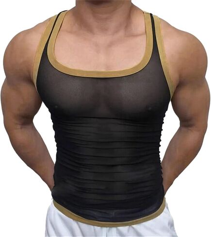 crazynekos Men Mesh See Through Sleeveless Tank Tops Casual T Shirts Muscle Shirts in Kuwait