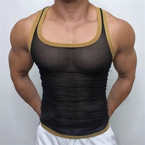 crazynekos Men Mesh See Through Sleeveless Tank Tops Casual T Shirts Muscle Shirts in Kuwait