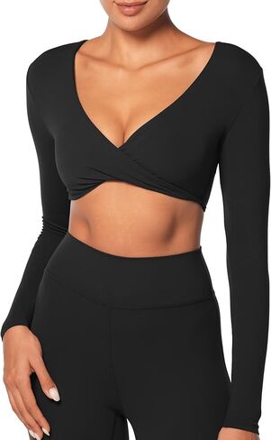 Sunzel Women's Long Sleeve Crop Top Buttery Soft Deep V Twist Workout Tee with Compression for Yoga Pilates Gym in Kuwait