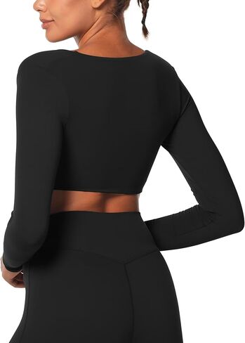 Sunzel Women's Long Sleeve Crop Top Buttery Soft Deep V Twist Workout Tee with Compression for Yoga Pilates Gym in Kuwait
