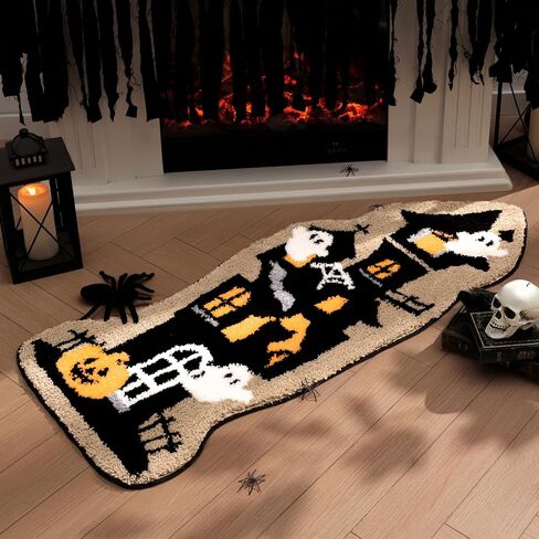 Phantoscope Happy Halloween Rug Ghost Shaped Area Rug, Soft Plush Mat for Front Door Living Bedroom Bathroom, Non-Slip Decorative Rug, Gothic Halloween Decor Door Mat, White/Purple 27.5 x 55 inch in Saudi Arabia