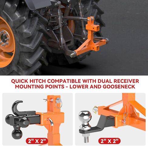 Orange 3 Point Hitch Receiver with Dual 2" Receiver, 3 Point Trailer Hitch for Tractor, Fit for Standard/5th Wheel/Goose Neck Connections, 3 Pt Quick Hitch Farm Equipment and Subcompact Trailer Hitch in Kuwait