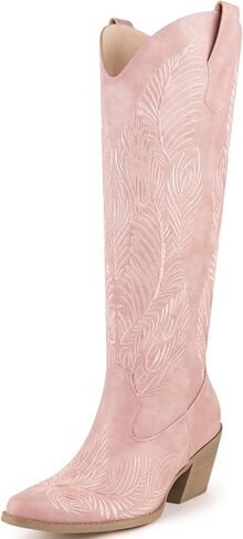 أحذية رعاة البقر لأحذية رعاة البقر المرتفعة للنساء مع نساء مع الأزهار الرجعية ، وكعب مكتنزة ، مسجّلة كلاسيكية على الحذاء الغربي طويل القامة مع نصف سحاب للسيدات in Kuwait