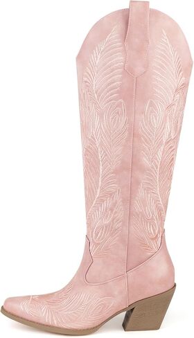 أحذية رعاة البقر لأحذية رعاة البقر المرتفعة للنساء مع نساء مع الأزهار الرجعية ، وكعب مكتنزة ، مسجّلة كلاسيكية على الحذاء الغربي طويل القامة مع نصف سحاب للسيدات in Kuwait