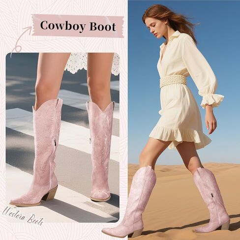 أحذية رعاة البقر لأحذية رعاة البقر المرتفعة للنساء مع نساء مع الأزهار الرجعية ، وكعب مكتنزة ، مسجّلة كلاسيكية على الحذاء الغربي طويل القامة مع نصف سحاب للسيدات in Kuwait