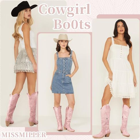 أحذية رعاة البقر لأحذية رعاة البقر المرتفعة للنساء مع نساء مع الأزهار الرجعية ، وكعب مكتنزة ، مسجّلة كلاسيكية على الحذاء الغربي طويل القامة مع نصف سحاب للسيدات in Kuwait