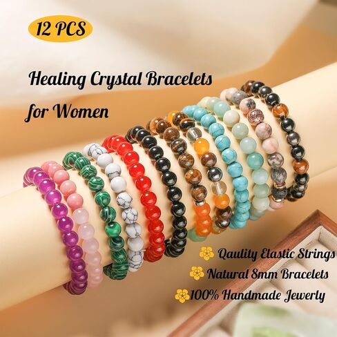 12 PCS Healing Crystal Bracelets for Women 8 MM Natural Stone Beaded Bracelet Spiritual Protection Anxiety Stretch Bracelet for Women Men in Kuwait
