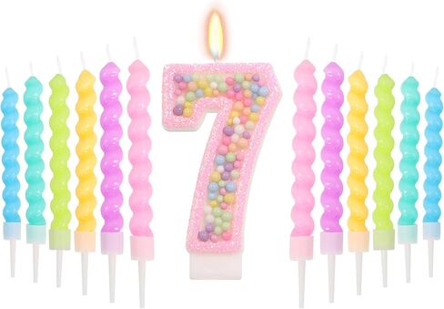 Number 7 Candle with 12 Pcs Spiral Candles, Colorful Macaron Birthday Candles for Girls Boys, Macaron Pastel Rainbow Cake Topper for Sweet Theme Party Decoration (Pink) in Kuwait