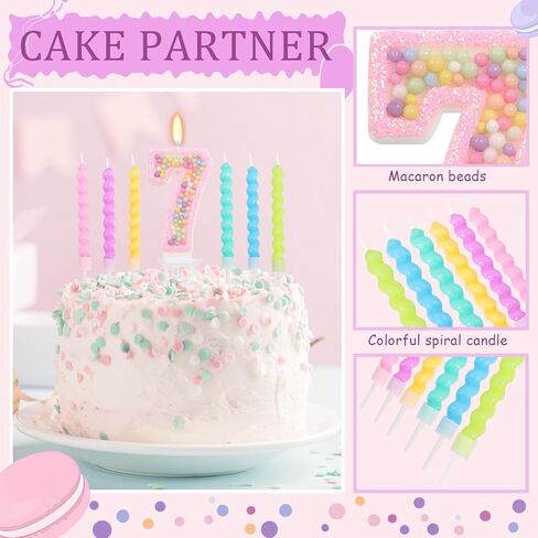 Number 7 Candle with 12 Pcs Spiral Candles, Colorful Macaron Birthday Candles for Girls Boys, Macaron Pastel Rainbow Cake Topper for Sweet Theme Party Decoration (Pink) in Kuwait