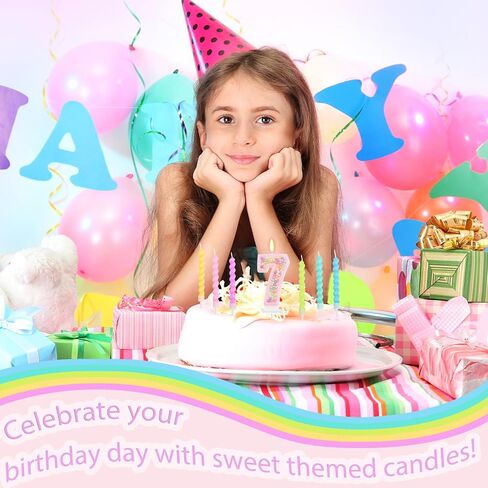 Number 7 Candle with 12 Pcs Spiral Candles, Colorful Macaron Birthday Candles for Girls Boys, Macaron Pastel Rainbow Cake Topper for Sweet Theme Party Decoration (Pink) in Kuwait