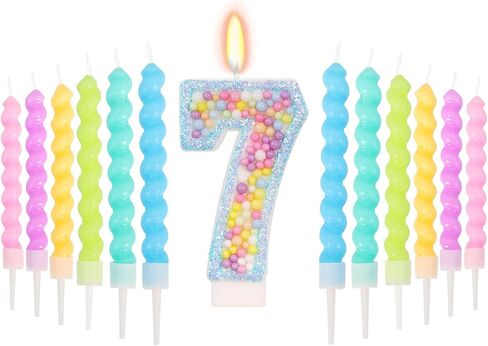 Number 7 Candle with 12 Pcs Spiral Candles, Colorful Macaron Birthday Candles for Girls Boys, Macaron Pastel Rainbow Cake Topper for Sweet Theme Party Decoration (Pink) in Kuwait