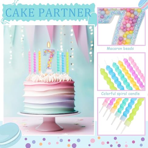 Number 7 Candle with 12 Pcs Spiral Candles, Colorful Macaron Birthday Candles for Girls Boys, Macaron Pastel Rainbow Cake Topper for Sweet Theme Party Decoration (Pink) in Kuwait