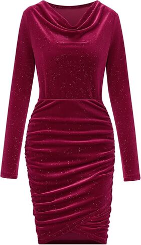 Women's Velvet Bodycon Dress Ruched Elegant Party Cowl Neck Clubwear Short Prom Night Gown Tight Sparkly Midi Cocktail Dress in Saudi Arabia