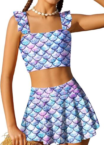Arshiner Girls Swimsuits 3Pcs Ruffles Bathing Suits Summer Floral Printing Beach Surf Tankini Swimwear Set in Kuwait