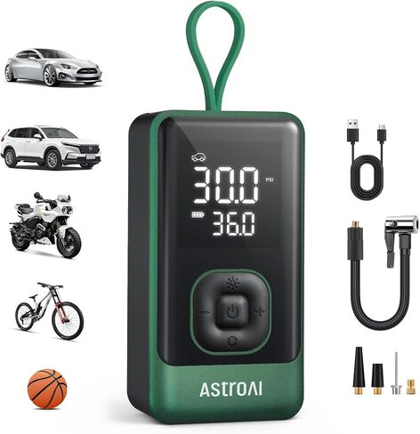 Astroai L7 Air Tyre Spelator ضاغط الهواء المحمول ، 150psi مضخة لاسلكية كهربائية مع تضخم سريع لمدة 1 دقيقة ، إغلاق السيارات ، ضوء LED-قابلة للشحن للسيارة ، سيارات الدفع الرباعي ، دراجة نارية ، إطارات الدراجة (الأخضر) in Kuwait