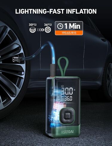 Astroai L7 Air Tyre Spelator ضاغط الهواء المحمول ، 150psi مضخة لاسلكية كهربائية مع تضخم سريع لمدة 1 دقيقة ، إغلاق السيارات ، ضوء LED-قابلة للشحن للسيارة ، سيارات الدفع الرباعي ، دراجة نارية ، إطارات الدراجة (الأخضر) in Kuwait
